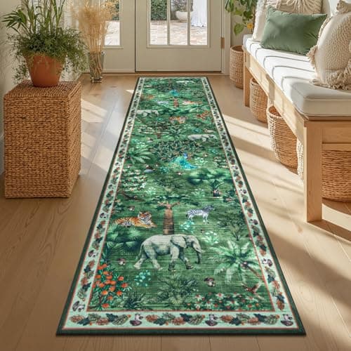 Yamaziot Hallway Runner Rug 2x8 – Jungle Animal Print Linen Rug with Non Slip Backing, Low Pile Washable Distressed Boho Carpet for Indoor Outdoor Rug, Kitchen, Bedroom, Entrance, Forest Green - Image 1