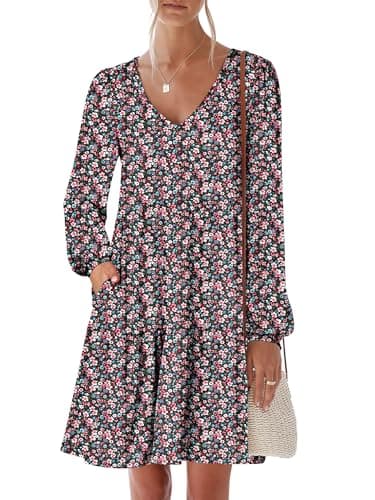 ANRABESS Womens Long Sleeve Dress 2026 Spring Casual V Neck Tiered Flowy Short Dresses Beach Travel Vacation Clothes Print Floral Black X-Large - Image 1