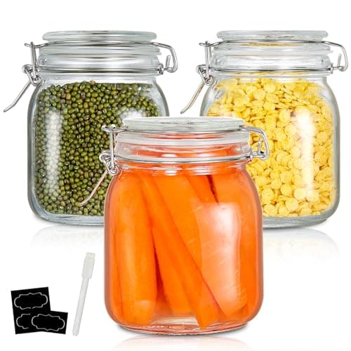 YEBODA 32oz Food Storage Canister Glass Jars with Clamp Airtight Lids and Silicone Gaskets for Multi-Purpose Kitchen Containers - Clear Square (3 Pack) - Image 1