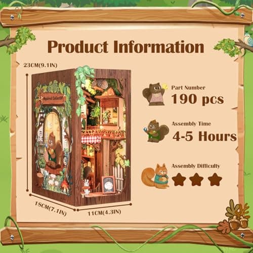 Cutefun Book Nook Kit, DIY Miniature Booknook Kit for Adults, 3D Wooden Puzzle Bookend Bookshelf Decor with LED Light & Dust Cover Creative Crafts Gifts for Book Lovers (Squirrel Collector) - Thumbnail 2