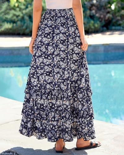 BTFBM Skirts for Women Summer Flowy A-Line Floral Boho Maxi Skirt Long Wedding Guest Dresses Spring Outfits 2026(Floral Floral Navy White,Large) - Thumbnail 5