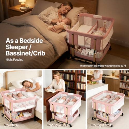 Twin Bassinet for 2 Babies, Rocking Portable Double Bassinet for Twins - Thumbnail 2