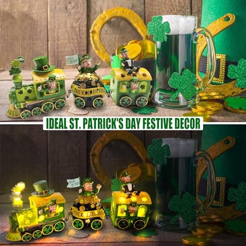 Hexagram St Patricks Day Decorations Train, Lighted Saint Patrick Decor for Tabletop, Leprechaun Centerpieces Table Centerpieces, Ireland St Patricks Day Decorations for Home Decorative Figurines - Thumbnail 3