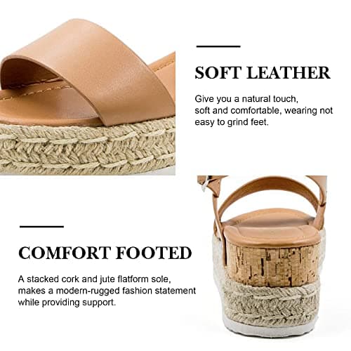 Athlefit Women's Espadrilles Platform Wedge Sandals Casual Open Toe Ankle Strap Buckle Summer Sandals, Khaki, Size 6, AD00502 - Thumbnail 4