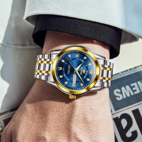 OLEVS Gold and Blue Watches for Men Big Face Dress Watch Stainless Steel Nice Fashion Blue Male Watch Diamond Waterproof Luxury Wristwatch Reloj Hombre - Thumbnail 3