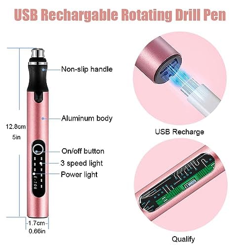 3-Speed Cordless Mini Drill Pen With 8 Small Drill Bits,Rechargeable Electric Hand Drill Pin Vise,Resin Drill Set For Jewelry Making,Resin,Plastic,Wood,Keychains DIY (PINK) - Thumbnail 2