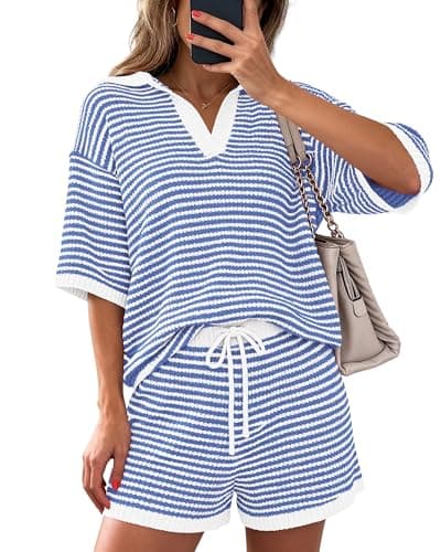 PRETTYGARDEN Women 2 Piece Lounge Sets Short Sleeve V Neck Striped Tops Drawstring Short Sets Beach Summer Outfits 2026(Striped Light Blue,Large) - Image 1