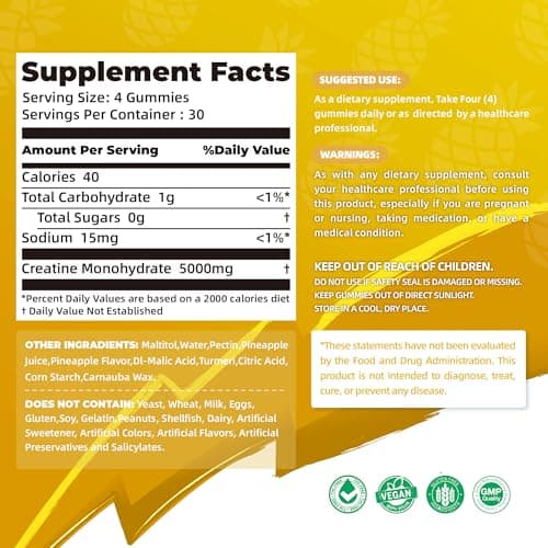 NSF Certified Creatine Gummy - Creatine Monohydrate Gummies 5000mg for Men & Women -120 Gummies Advanced Formula, Muscle Strength, Muscle Builder, Energy Boost, Pre-Workout Supplement-Pineapple - Thumbnail 2