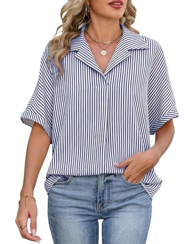 IEEILULU Womens Striped Collared Shirt Dressy Casual Short Sleeve Shirt Blouse Tops Oversized Business Work Shirts Navy Blue Striped S - Image 1
