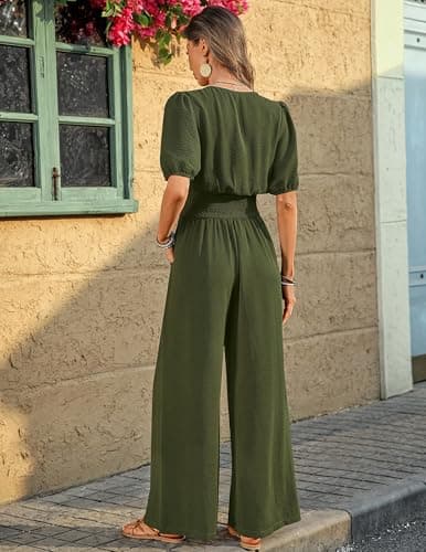 LOOKBOHO Womens Jumpsuits Formal Smocked High Waist Short Sleeves Wide Leg Rompers Dressy V Neck One Piece Army Green XXL - Thumbnail 3