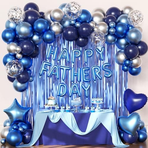 Happy Fathers Day Decorations, Metallic Blue Dark Blue Silver Foil Confetti Balloons Blue Fringe Curtains Banner for Father's Day Party Decorations - Image 1