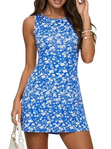 Wenrine Womens Summer Floral Mini Dress Sleeveless Crewneck Casual Slim Fit Going Out Club Party Tank Dresses Blue - Image 1