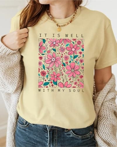 MiraElley Christian Shirts Women It is Well with My Soul Shirt Vintage Bible Verse Boho Wildflowers Floral Graphic Tees Beige - Thumbnail 3
