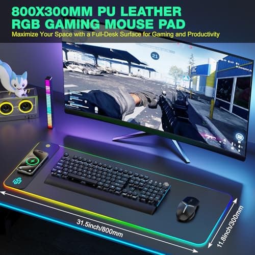 GIM PU Leather RGB Gaming Mouse Pad with 15W Magnetic Wireless Charging, 800x300x4mm LED Mouse Mat, 10 Light Modes, Non-Slip Rubber Base for PC MacBook Laptop - Thumbnail 6