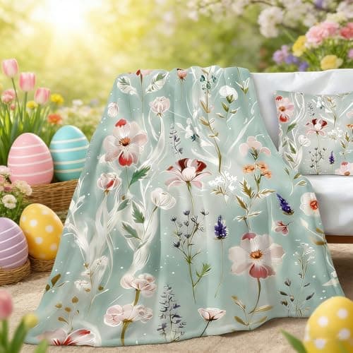 yuboo Spring Green Floral Throw Blanket, Watercolor Wildflowers Blanket for Women Girls Teen Wife, Soft Flannel Blanket for Home Bed Sofa Couch Chair Winter Home Ornaments Decorations, 50 x 60 Inch - Image 1
