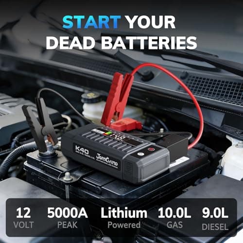 JOMGAND K40 Portable Jump Starter, 5000A 12V Car Battery Booster Pack for Upto 10.0L Gas or 9.0L Diesel Engines, Jump Box with Jumper Cable, USB/DC Charge, and 3 Mode Flashlight - Thumbnail 2