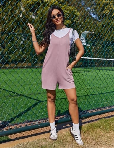 Ekouaer Rompers for Women Casual Loose Sleeveless Overalls Shorts Knit Jumpsuits 2026 Summer Vacation Beach Outfits with Pockets Purple 2XL - Thumbnail 4