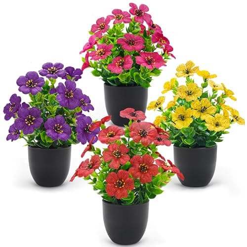 Der Rose 4 Pack Fake Plants in Matte Black Pot DIY Assembly Mini Artificial Flowers, Spring Home Decor for Office Desk Bedroom Bathroom - Image 1