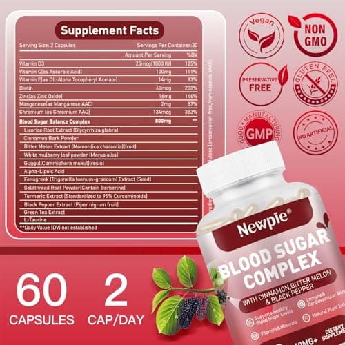 Blood Sugar Complex Supplement – Supports Healthy Blood Sugar in Normal Range, Natural with 20 Active Ingredients Including Cinnamon, Bitter Melon, Fenugreek Seeds & Vitamins, Non-GMO, 60 Capsules - Thumbnail 2