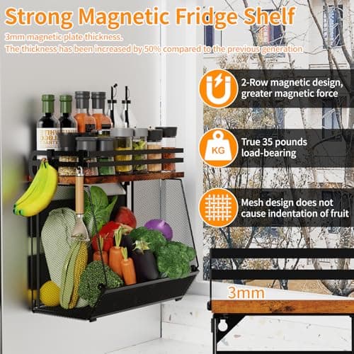 Couwilson Magnetic Shelf for Fridge with Wood Lid - Magnetic Spice Rack for Refrigerator， Mesh Design Large Shelf Basket, Shelves for Kitchen Pantry Storage Organizer for Food Fruit Veg (1Pack) - Thumbnail 3
