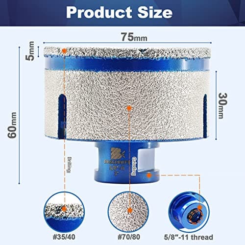 Diamond Core Drill Bit - BRSCHNITT Tile Hole Saw 3" for Drilling Enlarging Shaping Round Bevel Holes in Porcelain,Ceramic,Granite,Marble 5/8-11 Thread - Thumbnail 2