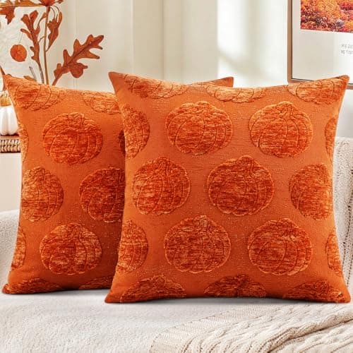 decorUhome Decorative Rust Pumpkin Thanksgiving Throw Pillow Covers 20x20 Set of 2, Soft Chenille Jacquard Farmhouse Textured Pillow Covers for Couch Bed Sofa Autumn Harvest Halloween Holiday - Image 1