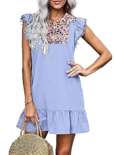 KIRUNDO Women's 2026 Summer Mini Dress Spring Casual V Neck Floral Embroidered Ruffle Sleeveless Shift Flowy Boho Dress (Blue, Large) - Image 1