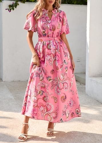 KIRUNDO Women Spring Summer Wedding Guest Boho Floral Maxi Dress Puff Sleeve Button Shirt V Neck Flowy Beach Vacation Dress(Pink, Large) - Thumbnail 3