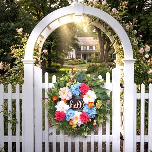 AMORISE 24" Peonies Wreaths for Front Door with Blue Hydrangea, Peonies, Dahlia, Phalaenopsis, Spring&Summer Outdoor Artificial Flowers for Wedding, Front Door Porch Yard Patio Home Decor - Thumbnail 4