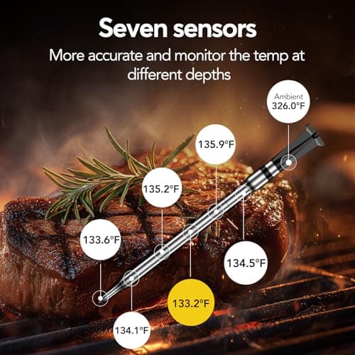 Btclink WiFi Sub-1G Smart Meat Thermometer Unlimited Range, 7 NIST-Cert.Sensors Magnetic Large-Display Smart Base, IP68 Wireless BBQ Grill &Smoker Thermometer, App&Standalone Monitoring(1,Black,Small) - Thumbnail 4