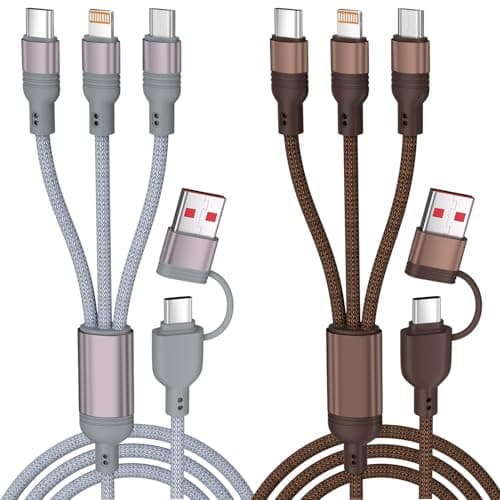 Travel Multi Charging Cable, 5 in 1 Charging Cables for Multiple Devices, Nylon Universal Phone Charger Cord USB A/C to Type C/Micro USB/IP for iPhone17/16/15/14/Phone&Pad (2Pack,4FT)Gray+Brown - Image 1