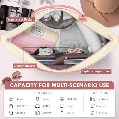 WOOMADA Weekender Bags for Women, Carry On Overnight Bag with Toiletry Bag, Personal Item Travel Duffel for Travel, Sports, Hospital(Beige&Pink) - Thumbnail 4