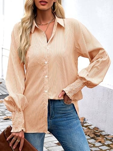 Bellcoco Women's Striped Button Down Shirts Smocked Puff Sleeve Boyfriend Blouse Oversized Work Tops with Pocket(Striped Button Down Shirts S) Orange - Thumbnail 2
