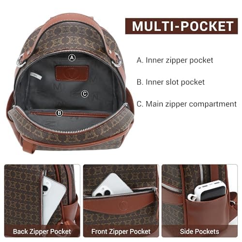 VANSARTO Mini Backpack Purse for Women Multi Pocket Small Backpacks Ladies Convertible Shoulder Handbags Designer Travel Backpack with Wide Strap, Brown - Thumbnail 6