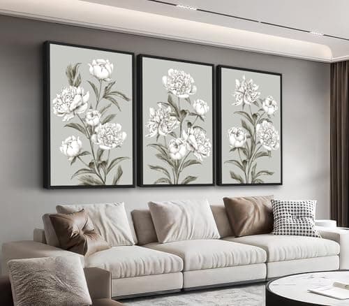 Large Framed Floral Wall Art, Elegant Blossom Plants Wall Pictures 16"x24" Set of 3 Light Grey Botanical Painting Prints Botany Peony Canvas Artwork for Living Room Bedroom Home Office Decor - Image 1