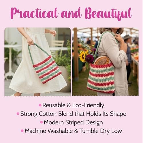 KnitPal Sunset Striped Market Bag Tunisian Crochet Kit for Confident Beginners – Make a Reusable Market Tote – with Cotton Bliss Yarn, Tunisian Crochet Hook, Pattern & Video Tutorials - Thumbnail 4