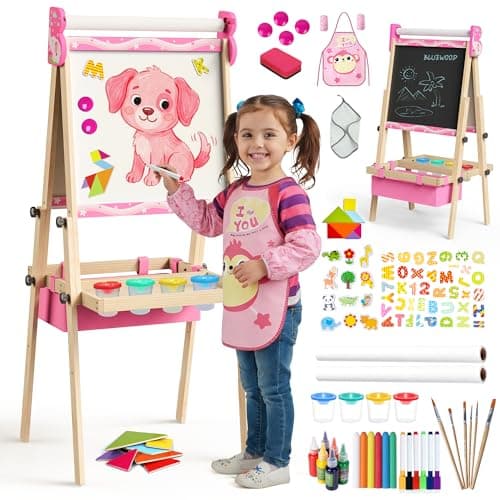 BlueWood Easel for Kids, Drawing Double Sided 4-in-1 Painting Art Stand, Adjustable Wooden Easel Set Toddlers, Magnetic Whiteboard & Chalkboard with Paper Rolls for 3-8 Child, Pink - Image 1