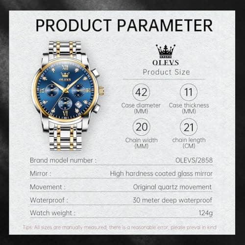 OLEVS Watch Men Silver Stainless Steel Blue and Gold Mens Watches Luminous Waterproof Moon Phase Watches for Men Big Face Chronograph Analog Quartz Wrist Watch for Man Luxury Reloj de Hombre - Thumbnail 6