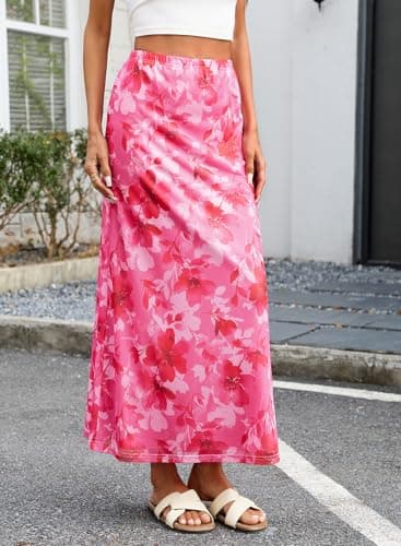 BLENCOT Womens Pink Mesh Skirt Spring High Waisted A Line Long Flowy Maxi Skirts Boho Floral Printed Beach Vacation Skirt for Women Fashion X-Large - Thumbnail 5