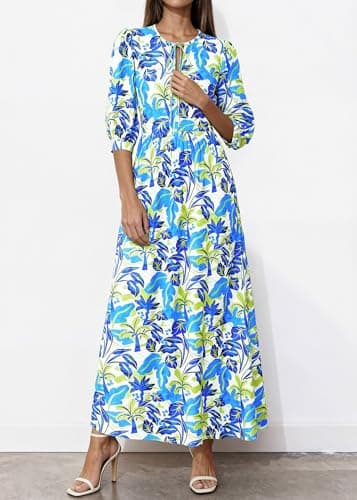 KIRUNDO Women Summer Beach Vacation Wedding Guest Dresses 2026 Spring Boho Floral 3/4 Sleeve Loose Cruise Flowy Maxi Dress(Blue Green, Large) - Thumbnail 6