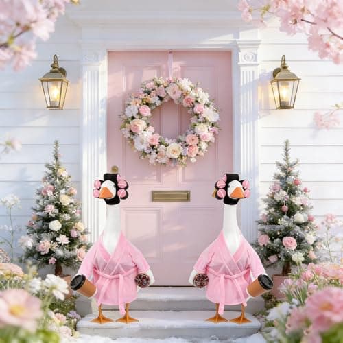 yuboo Lady Porch Goose Outfit 23 Inch Pink Bathrobe, Spring Goose Clothes Porch Geese Accessories Pink Pajamas Robe Curlers and Coffee Cup for Spring Easter Funny Decoration - Thumbnail 6