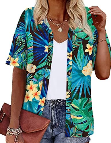 LILYCHIC Women's Floral Button Down Hawaiian Shirts Luau Party Outfits 2025 Tropical Summer Boho Beach Tops Green XL - Image 1