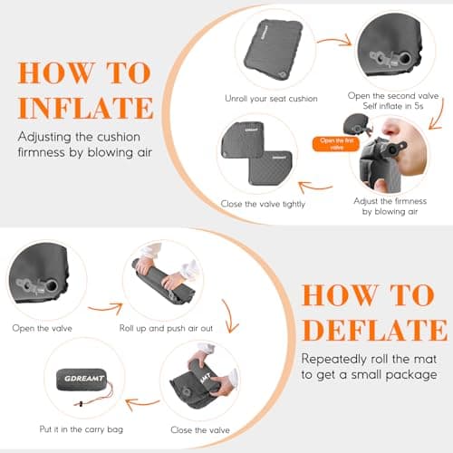 GDREAMT Inflatable Seat Cushion, Self-Inflating Memory Foam Stadium Seats Cushion Portable Camping Air-Foam Sitting Pad for Travel Airplane Car Bleachers Backpacking Office, Lightweight & Compact - Thumbnail 5