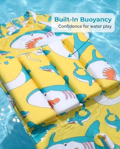 Floatie Swimsuit for Toddlers Boys Girls Floating Bathing Suit Baby Kids Float Learn to Swim Suit Floatation Beach Pool Light Yellow Shark 5-6 Years - Thumbnail 2