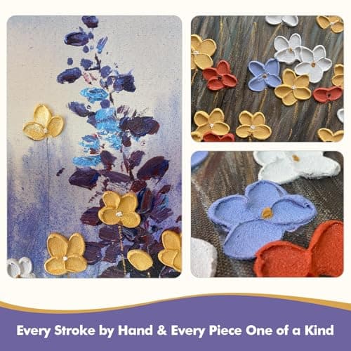 JUHOME Vintage Hand-Painted Texture Wildflower Canvas Wall Art, Rustic Nature Abstract Oil Painting,24x36 In Handmade Artwork for Living Room, Office, Bedroom - Thumbnail 2
