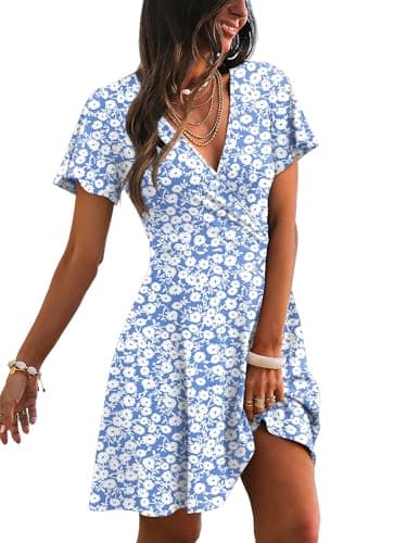 Womens Summer Dresses 2026 Wrap V Neck A-line Casual Sundresses Date Night Outfit Vacation Floral Dress Blue 2XL - Image 1