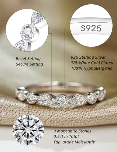 IMOLOVE Moissanite Wedding Bands for Women, Trendy 0.5 Carat Silver Marquise Wedding Band Everyday Fashion Moissanite Eternity Band Rings for Women with 18K White Gold Plated Size 10.5 - Thumbnail 2