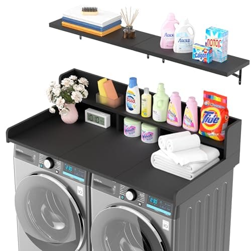 Kikihouse Washer Dryer Countertop with Floating Shelf, Wooden Laundry Countertop Over Washer and Dryer with Storage, 2-Tier Anti-Slip Laundry Machine Topper (Black) - Image 1
