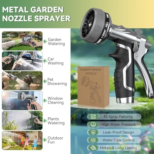 Garden Hose Nozzle, Heavy Duty Metal Water Hose Nozzle with 8 Adjustable Spray Patterns, High Pressure Hand Sprayer with Flow Control for for Garden Watering, Car & Pet Washing - Thumbnail 6