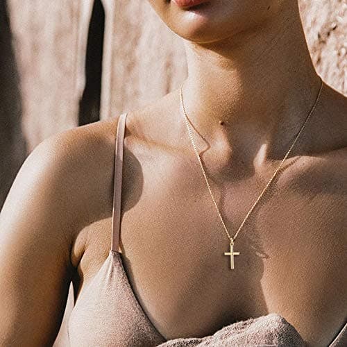 LOYATA Dainty Lock Pendant Necklace 14K Gold Plated Padlock Heart Chain Necklace Delicate Cubic Zirconia Shell/Triangle/Flower Pendant Necklace For Women (Cross 2 Gold) - Thumbnail 2